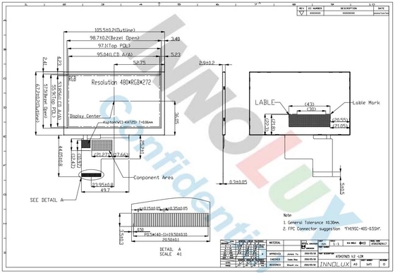 4.3 ιντσών Innolux LCD Module Panel 480*3RGB*272 TFT Display Αντικαταστροφική ψηφιακή