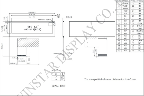 3.9' bar TFT LCD Module 480*128*RGB WinStar αντικαταστήσει 6H HX8278-A