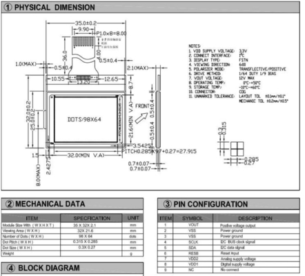 98*64 Γράφικη μονάδα LCD με St7549 I2c Διασύνδεση Μεταφυσική θετική ευρεία θερμοκρασία