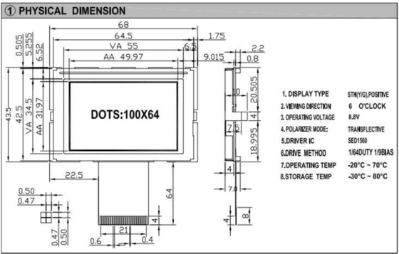 100*64 Εικονική μονάδα LCD STN 6H με SED1560 ευρεία θερμοκρασία Κίτρινη πράσινη οθόνη Προσαρμόσιμη