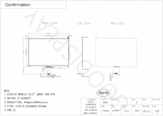 10.2' 4 χρώμα 640*960 E-paper οθόνη SSD2677 βασισμένη σε EPD