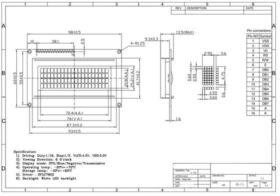 20*4 STN Μπλε 6H 5V θετικός χαρακτήρας LCD Ενότητα βιομηχανικής οθόνης