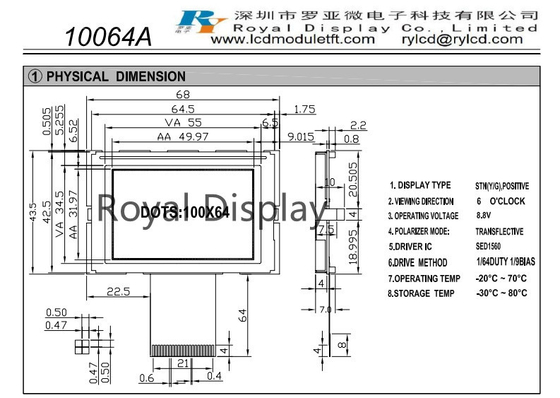 100X64 STN γραφικό LCD θετικό ΣΠΑΔΊΚΩΝ FSTN ενότητας 8.8V μονοχρωματικό