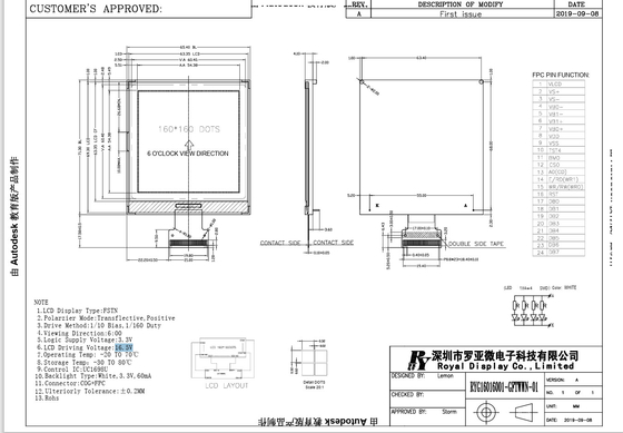 160*160 FSTN Μονάδα LCD Γραφική προσαρμοσμένη οθόνη οθόνης με UC1698U