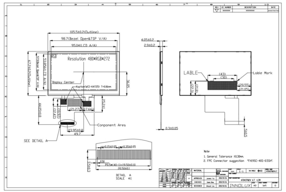 4.3 ιντσών TFT Original Innolux LCD Module AT043TN24 V.7 480*RGB*272 οθόνη