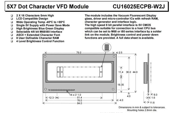 Μονάδα VFD 5*7 DOT 2*16 Χαρακτηριστικό Cu16025ecpb-W2j Μπλε Πράσινο 8-bit παράλληλη διεπαφή