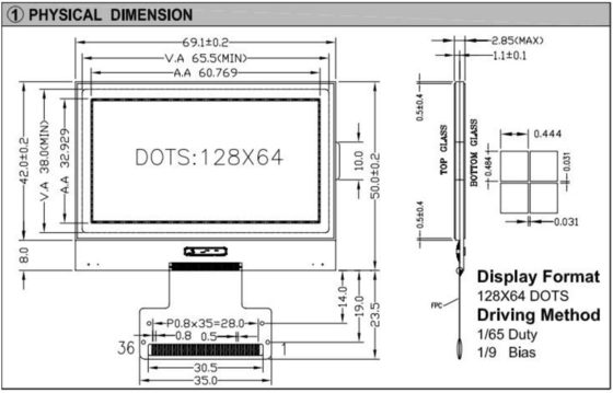 128*64 Εικόνα LCD FPC Interface ST7565 3.3v Βιομηχανική οθόνη ευρείας θερμοκρασίας