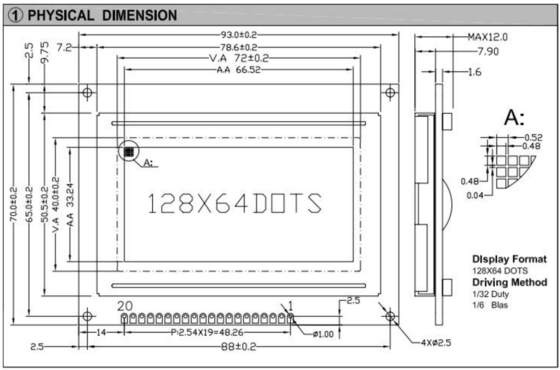20PIN Connector 128*64 Εικόνα LCD Μονοχρωμικό STN Χρώμα Προαιρετικό με φως πίσω