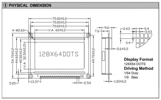 128*64 Γράφη LCD Μονάδα Χρώμα Προαιρετικό 20 PIN AT0107/AT0108 STN ευρεία θερμοκρασία οθόνη Βιομηχανική χρήση