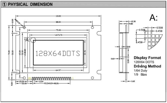 Μεγάλο μέγεθος 128 * 64 Εικόνα LCD Μοντέλο 20 Pin Μονοχρώμιο με PCB πίσω Φως Βιομηχανική οθόνη Προσαρμόστε
