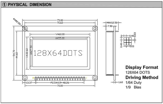 128*64 Γράφη STN LCD Μοντέλο με LED Back Light Μονοχρώμιο 20 Pin ST7565 3,5v Βιομηχανική οθόνη
