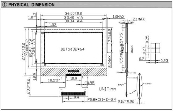 132*64 Εικόνα LCD FSTN NT7534 Συνδέτης FPC Βιομηχανική οθόνη 3.5v