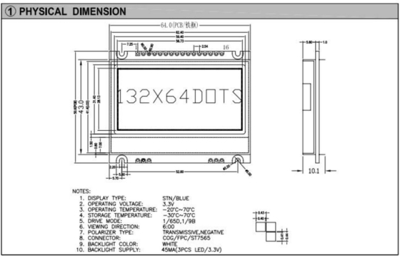 132*64 γραφική οθόνη LCD STN Γαλάζια ευρεία θερμοκρασία 6H αρνητική βιομηχανική οθόνη με PCB