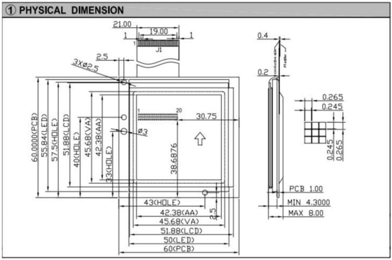 160*160 Τετραγωνική γραφική FSTN RA8822 με PCB Back Light Βιομηχανική οθόνη LCD 6H 12H