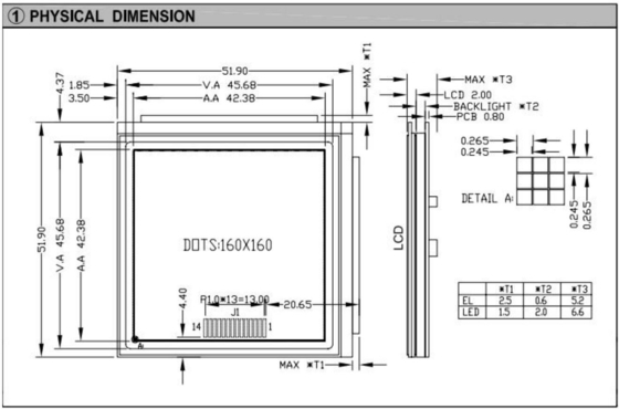 160*160 Τετραγωνική γραφική μονάδα LCD με φως πίσω PCB NT7701 Βιομηχανική οθόνη μεγάλης θερμοκρασίας