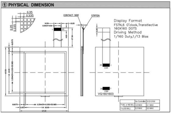 160*160 Εικόνα LCD Μοντέλο FSTN 6H Αντακλαστική βιομηχανική οθόνη 60*60 χιλιοστών τετράγωνου με φως φόντου