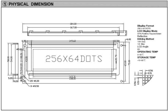 256*64 Εικαστική μονάδα LCD STN Κίτρινη Πράσινη 6H θετική βιομηχανική οθόνη