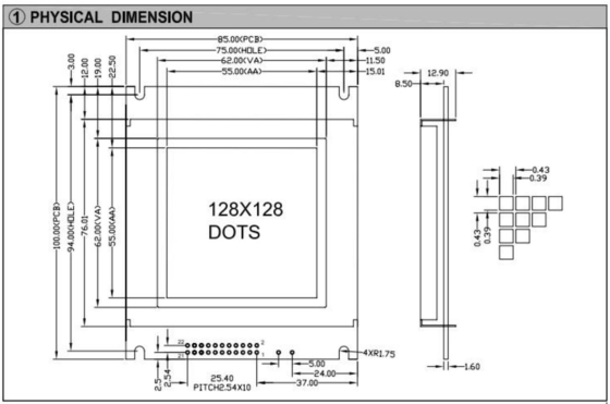 128*128 Γράφη FSTN Μονοχρωματική μονάδα LCD AT0107 22 Pin Βιομηχανική οθόνη