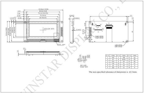 256*128 Γράφη LCD με ευρεία θερμοκρασία Winstar 100% Αντικατάσταση βιομηχανικής οθόνης
