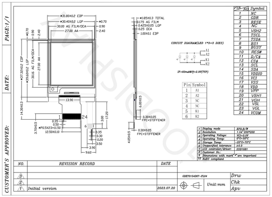 1.54'' 200*200 μονοχρωματική διεπαφή SPI ηλεκτρονική οθόνη χαρτιού EPD